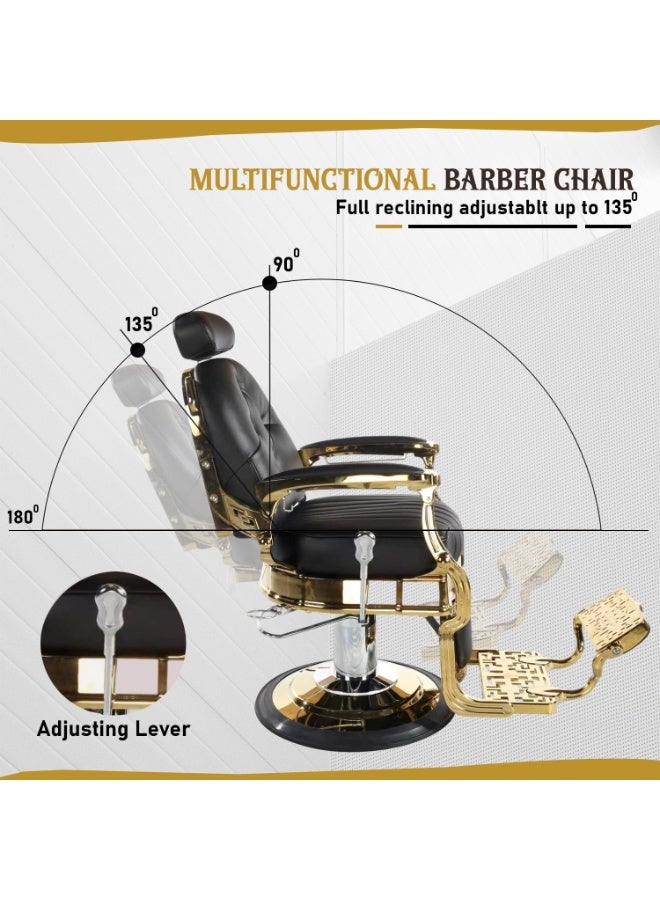 Vintage Luxury Multifunction Barber Chair Black & Gold – Heavy Duty Hydraulic Reclining Salon Chair with Adjustable Headrest, 135° Recline, Rotating Base & Footrest – Professional Barber Shop Styling Chair for Salon Spa Tattoo Studio - Image 3